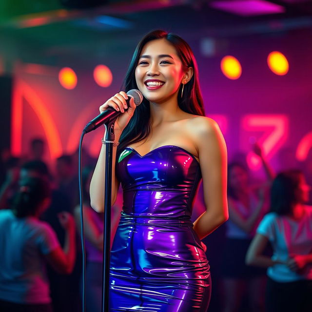 A cute, innocent, and sexy hourglass-shaped 25-year-old Asian girl with soft facial features and a little belly, standing confidently at the front of a nightclub stage