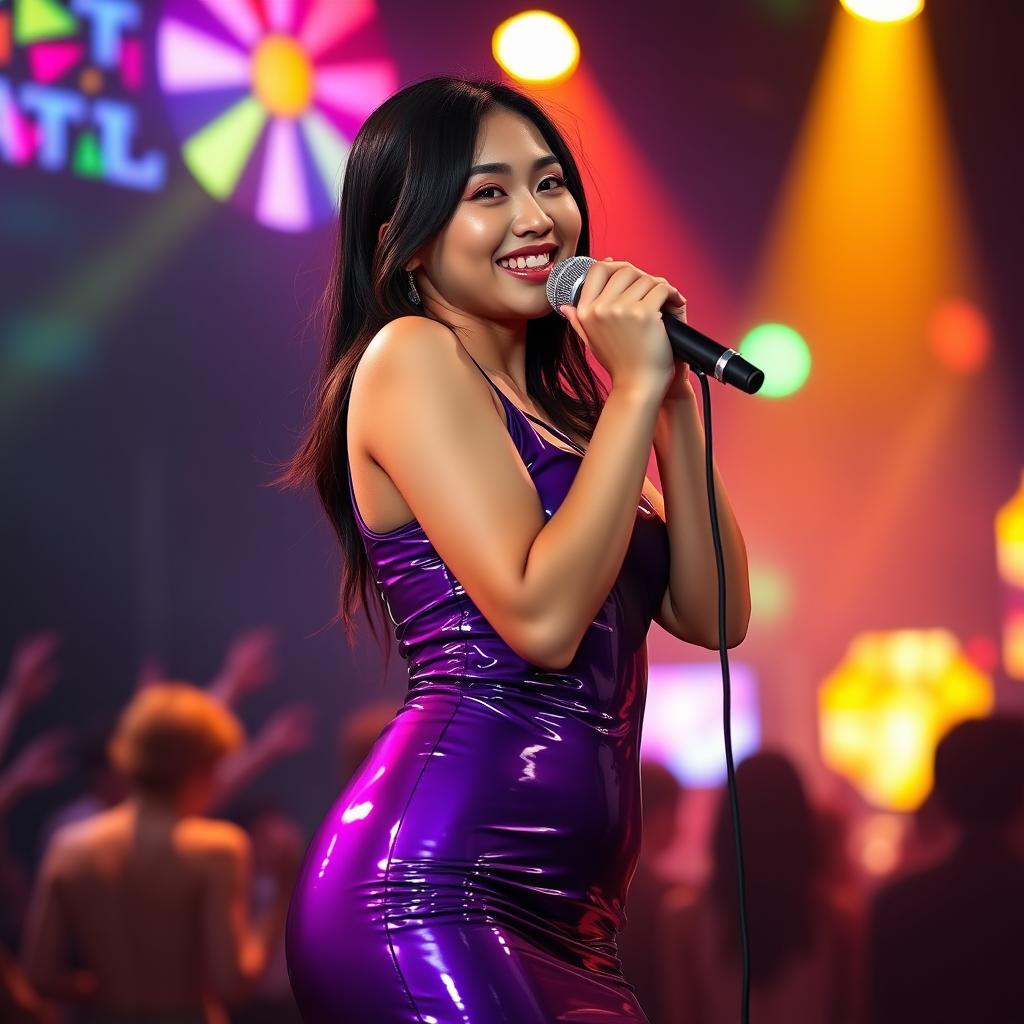 A cute, innocent, and sexy hourglass-shaped 25-year-old Asian girl with soft facial features and a tight little belly, standing confidently at the front of a nightclub stage