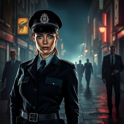 In a dark, atmospheric setting representing the underbelly of modern-day England, a strong and determined woman with steely blue-grey eyes is depicted as the Chief of Police, showcasing her authority and confidence in a sharp police uniform