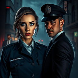 In a dark, atmospheric setting representing the underbelly of modern-day England, a strong and determined woman with steely blue-grey eyes is depicted as the Chief of Police, showcasing her authority and confidence in a sharp police uniform