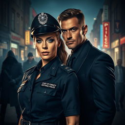 In a dark, atmospheric setting representing the underbelly of modern-day England, a strong and determined woman with steely blue-grey eyes is depicted as the Chief of Police, showcasing her authority and confidence in a sharp police uniform