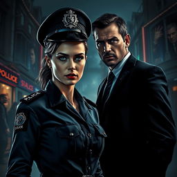 In a dark, atmospheric setting representing the underbelly of modern-day England, a strong and determined woman with steely blue-grey eyes is depicted as the Chief of Police, showcasing her authority and confidence in a sharp police uniform