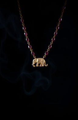 A luxurious ruby necklace featuring an intricate golden elephant design, elegantly placed against a dark, dramatic background