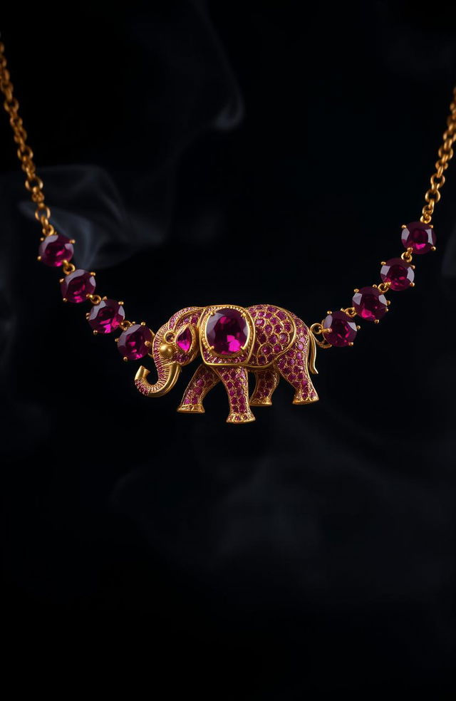 A luxurious ruby necklace featuring an intricate golden elephant design, elegantly placed against a dark, dramatic background