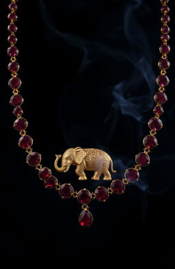A luxurious ruby necklace featuring an intricate golden elephant design, elegantly placed against a dark, dramatic background