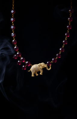 A luxurious ruby necklace featuring an intricate golden elephant design, elegantly placed against a dark, dramatic background