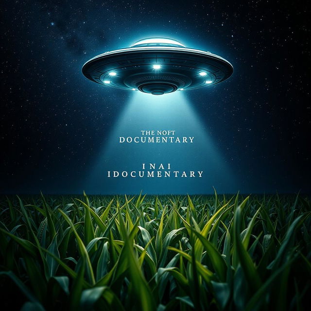 A captivating book cover design featuring a UFO hovering above a lush cornfield under a starry night sky