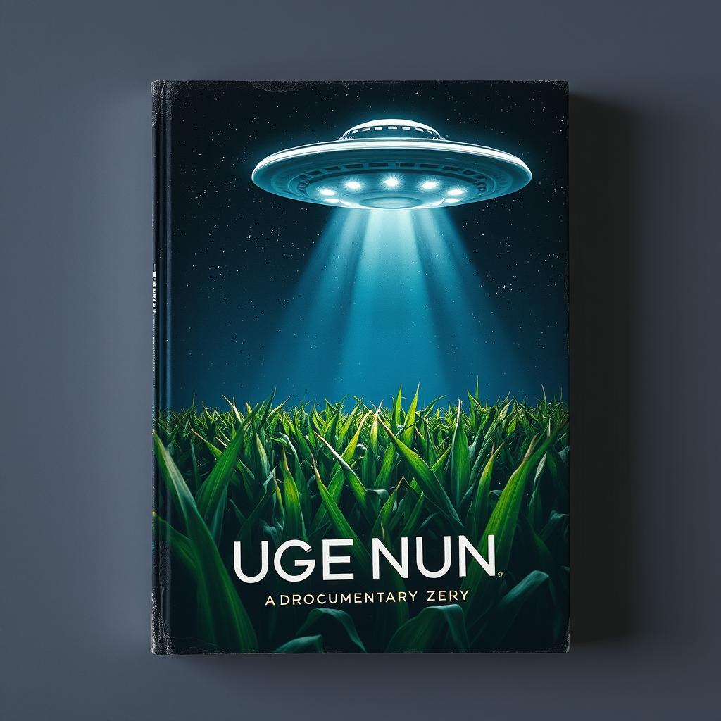 A captivating book cover design featuring a UFO hovering above a lush cornfield under a starry night sky