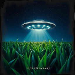 A captivating book cover design featuring a UFO hovering above a lush cornfield under a starry night sky