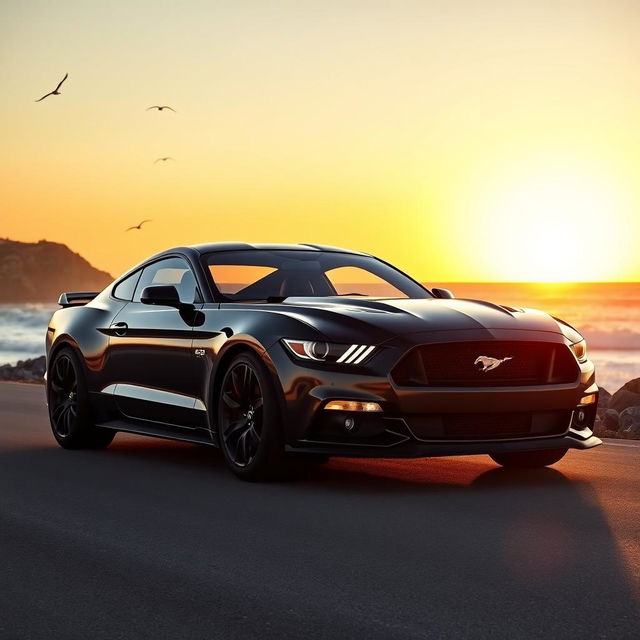 A powerful, sleek black Ford Mustang sports car parked on a scenic coastal road during sunset