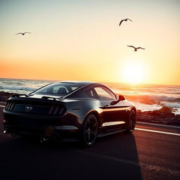 A powerful, sleek black Ford Mustang sports car parked on a scenic coastal road during sunset