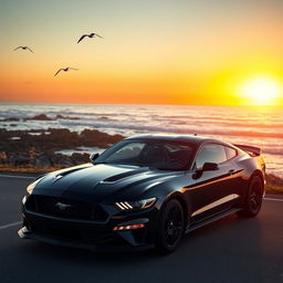 A powerful, sleek black Ford Mustang sports car parked on a scenic coastal road during sunset