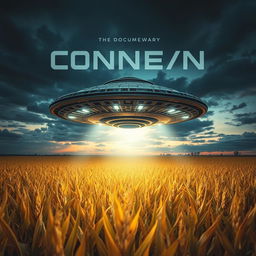 A captivating book cover design for a sci-fi documentary poster featuring a detailed, raw photograph of a UFO hovering above a sprawling cornfield