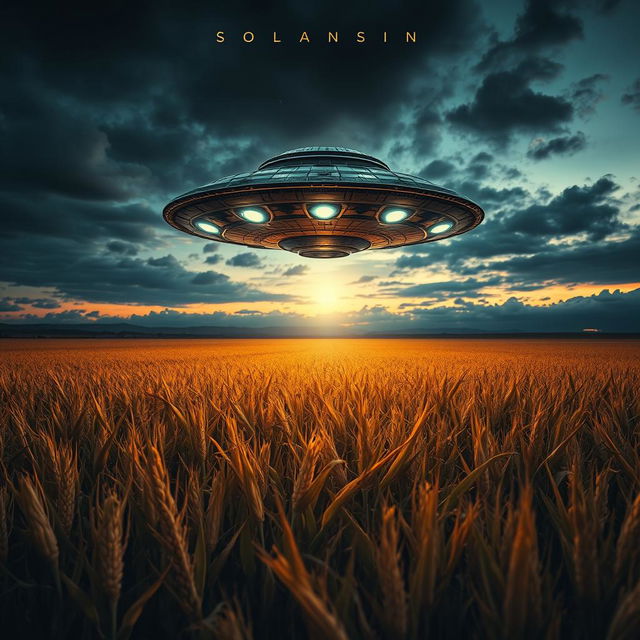 A captivating book cover design for a sci-fi documentary poster featuring a detailed, raw photograph of a UFO hovering above a sprawling cornfield