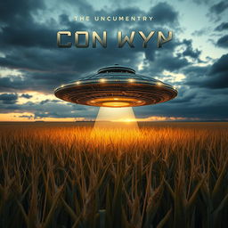 A captivating book cover design for a sci-fi documentary poster featuring a detailed, raw photograph of a UFO hovering above a sprawling cornfield