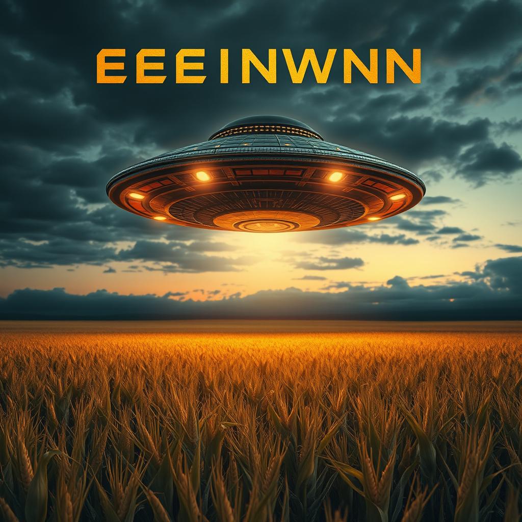 A captivating book cover design for a sci-fi documentary poster featuring a detailed, raw photograph of a UFO hovering above a sprawling cornfield