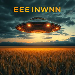 A captivating book cover design for a sci-fi documentary poster featuring a detailed, raw photograph of a UFO hovering above a sprawling cornfield