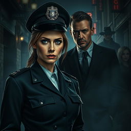 In a shadowy, atmospheric scene depicting the gritty underbelly of modern-day England, a fierce woman with piercing blue-grey eyes stands as the Chief of Police, wearing a sharp police uniform that symbolizes her resolve to combat crime
