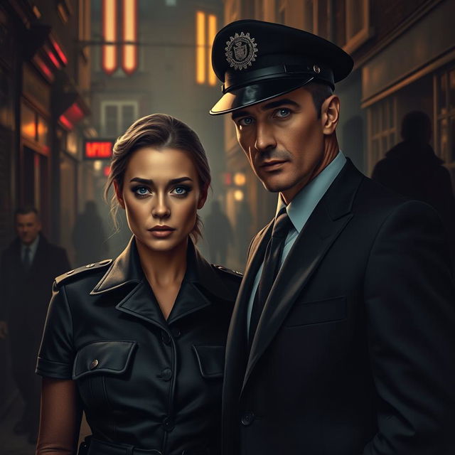In a shadowy, atmospheric scene depicting the gritty underbelly of modern-day England, a fierce woman with piercing blue-grey eyes stands as the Chief of Police, wearing a sharp police uniform that symbolizes her resolve to combat crime