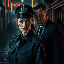 In a shadowy, atmospheric scene depicting the gritty underbelly of modern-day England, a fierce woman with piercing blue-grey eyes stands as the Chief of Police, wearing a sharp police uniform that symbolizes her resolve to combat crime