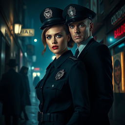 In a shadowy, atmospheric scene depicting the gritty underbelly of modern-day England, a fierce woman with piercing blue-grey eyes stands as the Chief of Police, wearing a sharp police uniform that symbolizes her resolve to combat crime