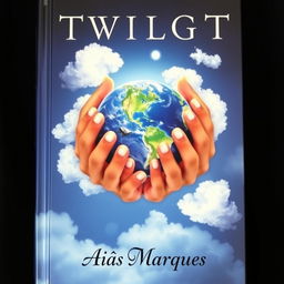 A captivating book cover featuring two hands gently cradling the planet Earth, reminiscent of the iconic style found on the cover of 'Twilight