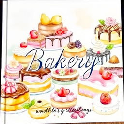 A vibrant and inviting watercolor painting depicting a mouthwatering display of delicious desserts for a bakery logo