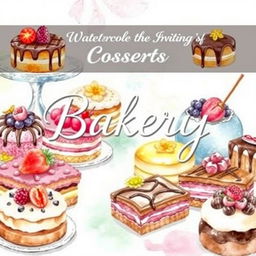 A vibrant and inviting watercolor painting depicting a mouthwatering display of delicious desserts for a bakery logo