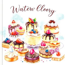 A vibrant and inviting watercolor painting depicting a mouthwatering display of delicious desserts for a bakery logo