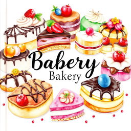 A vibrant and inviting watercolor painting depicting a mouthwatering display of delicious desserts for a bakery logo