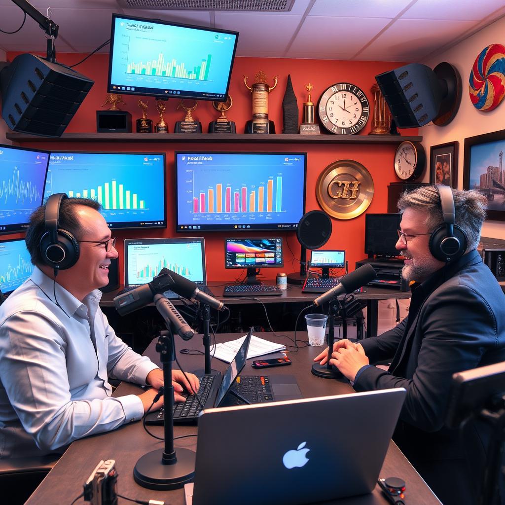 A vibrant and dynamic podcast studio setting focused on media technology discussions