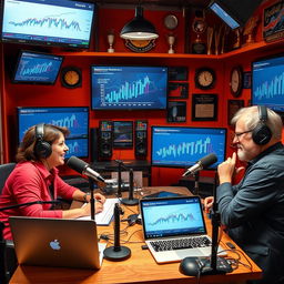 A vibrant and dynamic podcast studio setting focused on media technology discussions