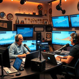 A vibrant and dynamic podcast studio setting focused on media technology discussions