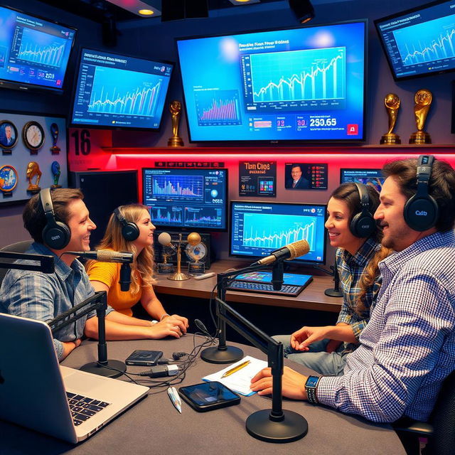 A vibrant and dynamic podcast studio setting focused on media technology discussions