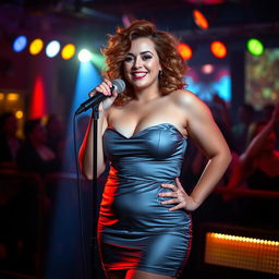 A cute, innocent, and sexy curvy 27-year-old girl with soft, round facial features and a little belly, confidently performing on a nightclub stage