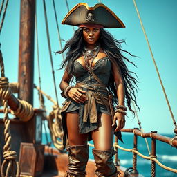 A fierce Somali pirate woman standing on a pirate ship, her face expressing anger and determination