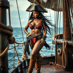 A fierce Somali pirate woman standing on a pirate ship, her face expressing anger and determination