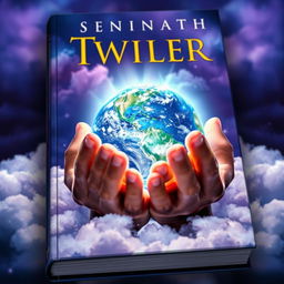 A stunning book cover featuring hands gently cradling the Earth, inspired by the style of the 'Twilight' series cover