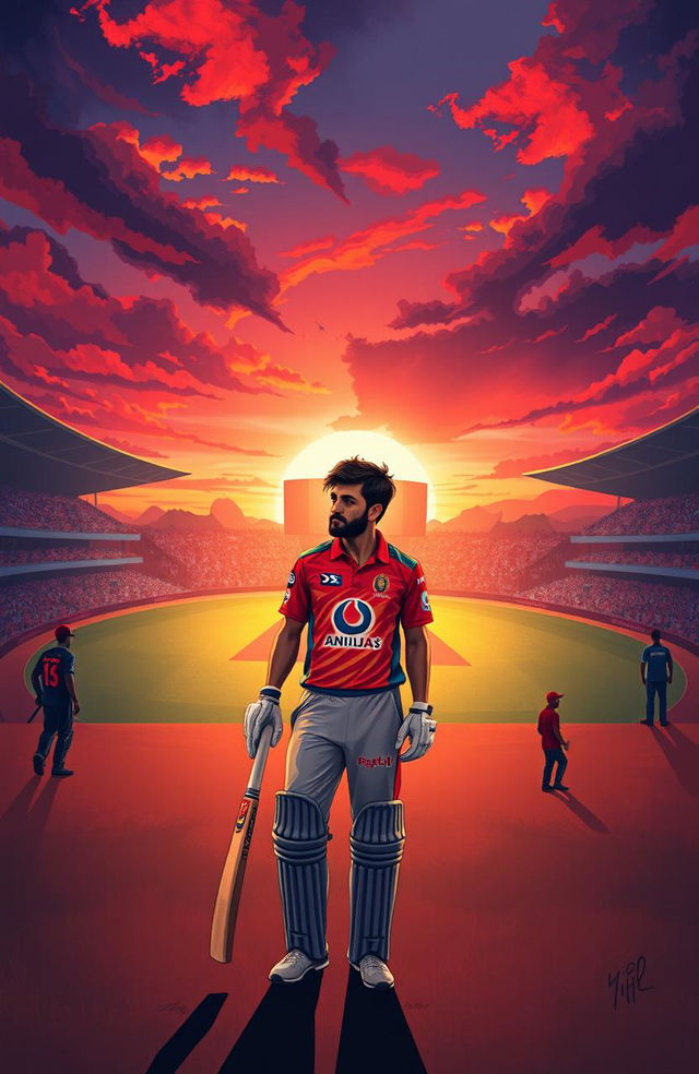 A dramatic sports illustration depicting KL Rahul, the captain of Kings XI Punjab, concluding the IPL 2020 season