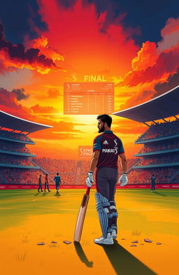 A dramatic sports illustration depicting KL Rahul, the captain of Kings XI Punjab, concluding the IPL 2020 season