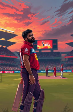 A dramatic sports illustration depicting KL Rahul, the captain of Kings XI Punjab, concluding the IPL 2020 season