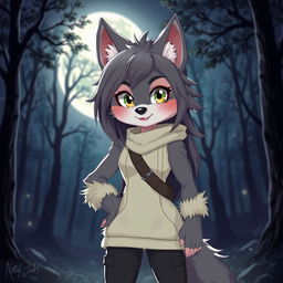A cute and alluring female werewolf standing boldly in the moonlit forest, exuding confidence and charm