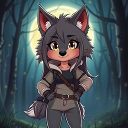A cute and alluring female werewolf standing boldly in the moonlit forest, exuding confidence and charm