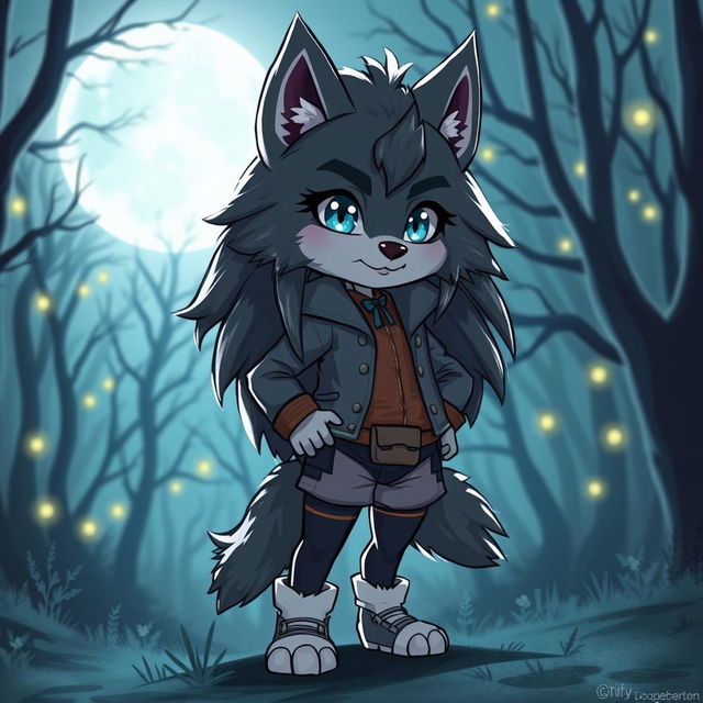 A cute and alluring female werewolf standing boldly in the moonlit forest, exuding confidence and charm