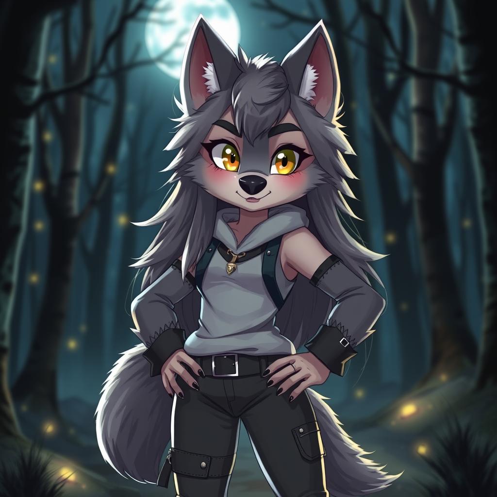 A cute and alluring female werewolf standing boldly in the moonlit forest, exuding confidence and charm