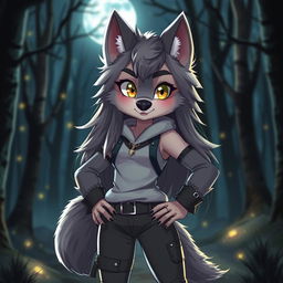 A cute and alluring female werewolf standing boldly in the moonlit forest, exuding confidence and charm