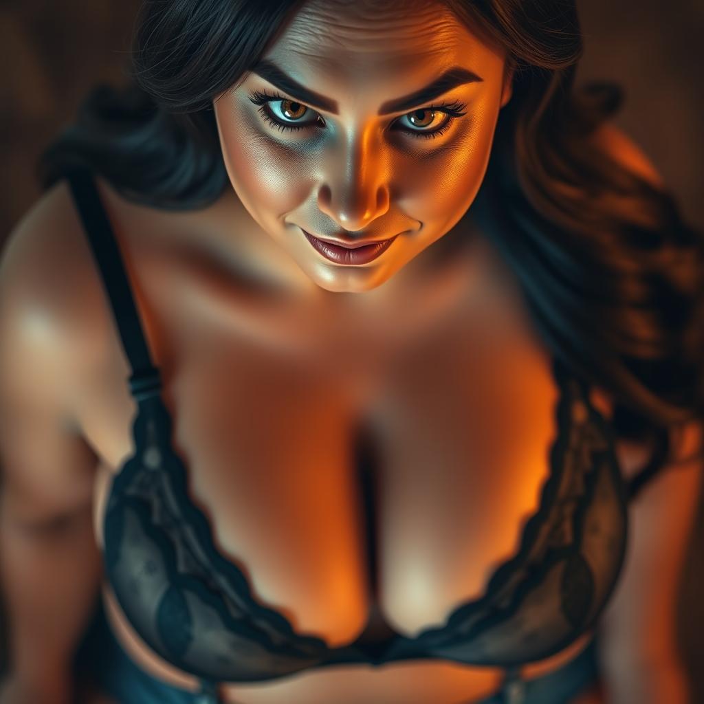 An alluring top view of a sexy plump woman gazing up into the camera, showcasing her deep cleavage while elegantly wearing a black bra