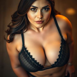 An alluring top view of a sexy plump woman gazing up into the camera, showcasing her deep cleavage while elegantly wearing a black bra