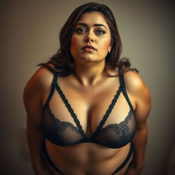 An alluring top view of a sexy plump woman gazing up into the camera, showcasing her deep cleavage while elegantly wearing a black bra