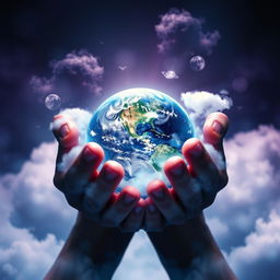 A mesmerizing book cover featuring hands delicately holding the Earth, inspired by the aesthetic of the 'Twilight' series cover